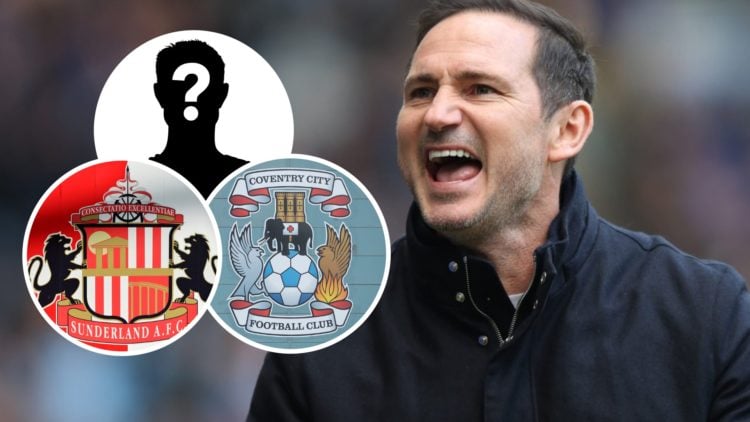 Coventry City FC manager Frank Lampard celebrates in a Championship game. Inset, a mystery player, the Coventry City FC badge and the Sunderland AF...