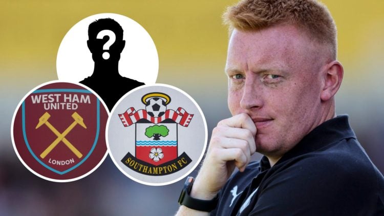 Southampton FC manager Will Still reacts during a pre-season friendly. Inset, a mystery player, the West Ham United FC badge and the Southampton FC...