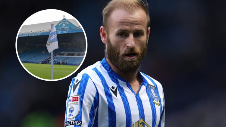 Barry Bannan reacts during a Championship game for Sheffield Wednesday FC, and inset, the Sheffield Wednesday FC badge on a corner flag at Hillsbor...