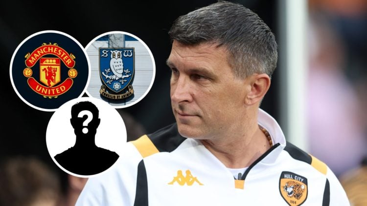Sergej Jakirovic the head coach / manager of Hull City. Inset, Sheffield Wednesday badge. Inset, Manchester United badge