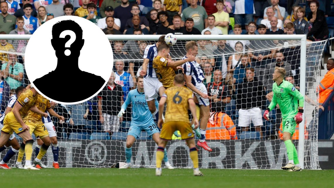 Nat Phillips heads the ball away during West Brom vs Blackburn Rovers, an inset of a mystery ball