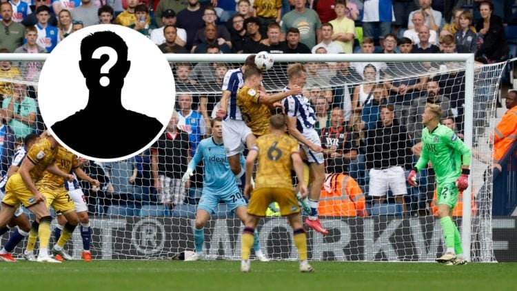 Nat Phillips heads the ball away during West Brom vs Blackburn Rovers, an inset of a mystery ball