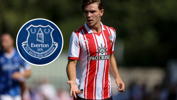 Southampton FC player Tyler Dibling reacts during a pre-season friendly. Inset, the Everton FC badge.