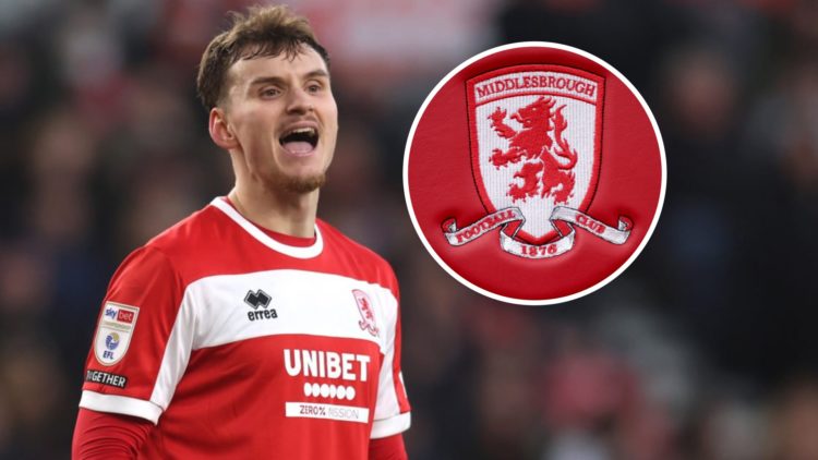 Middlesbrough FC defender Rav van den Berg reacts during a Championship game. Inset, the Middlesbrough FC badge.