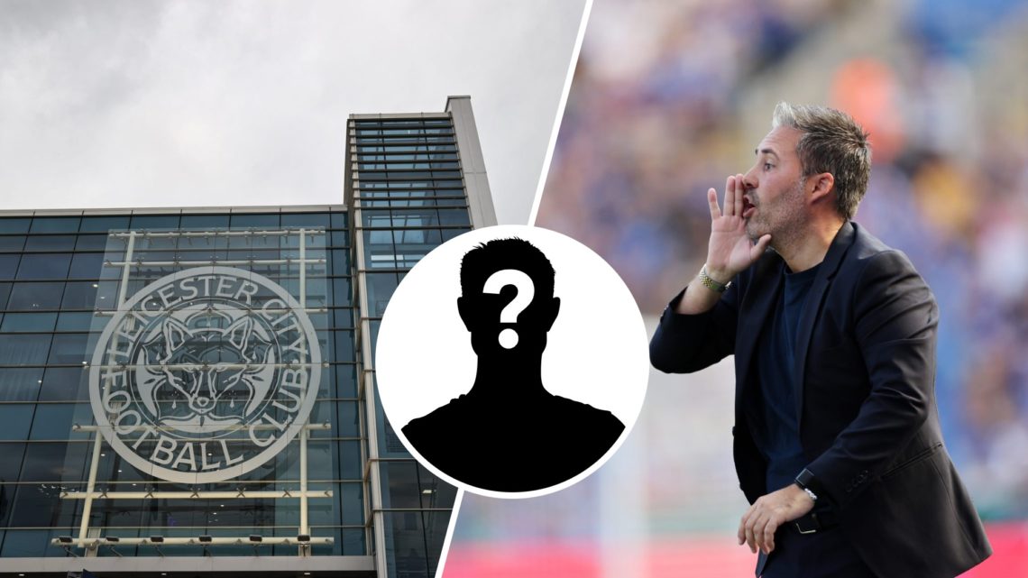 A general view of the Leicester City badge on the front of the King Power Stadium, an inset of a mystery man, Marti Cifuentes shouts instructions t...