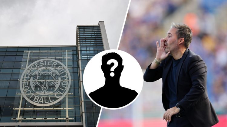 A general view of the Leicester City badge on the front of the King Power Stadium, an inset of a mystery man, Marti Cifuentes shouts instructions t...