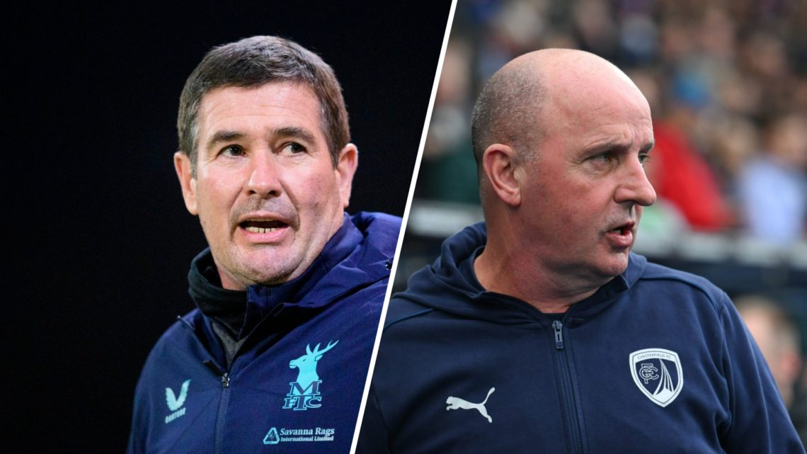 Nigel Clough, manager of Mansfield Town during the Sky Bet League One match between Mansfield Town FC and Lincoln City FC (L), Paul Cook manages Ch...