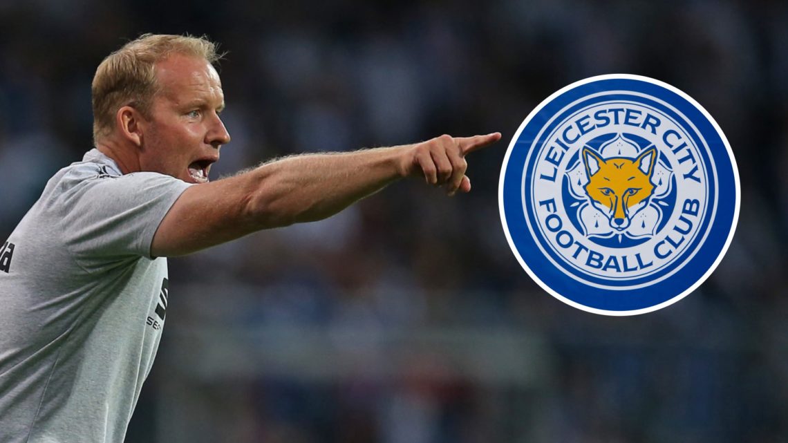 Head coach Henrik Pedersen of Eintracht Braunschweig gestures. Leicester City badge - photo taken during Leicester City v Arsenal FC - Premier League.
