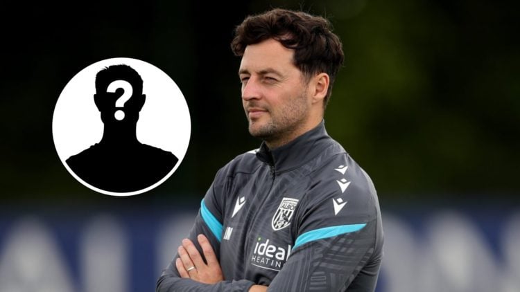 West Bromwich Albion FC head coach Ryan Mason watches training, and inset, a mystery player.