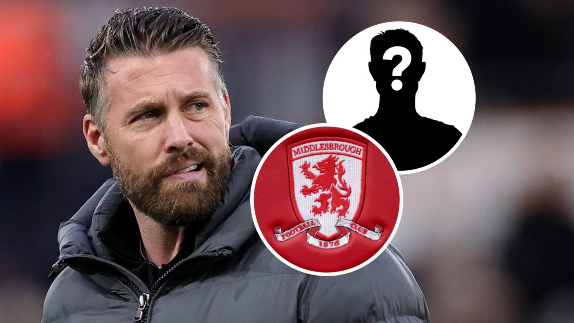 Middlesbrough FC manager Rob Edwards reacts during Luton Town FC tenure. Inset, the Middlesbrough FC badge and a mystery player.