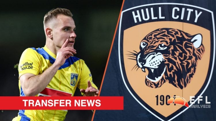 Split image showing Westerlo striker Matija Frigan and the Hull City badge