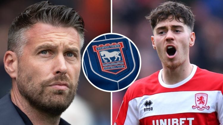 Middlesbrough FC manager Rob Edwards, and Middlesbrough FC midfielder Hayden Hackney reacts during a Championship game. Inset, the Ipswich Town FC ...