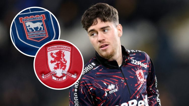 Hayden Hackney warms up for Middlesbrough before a Championship game. Inset, the Ipswich Town FC badge and the Middlesbrough FC badge.