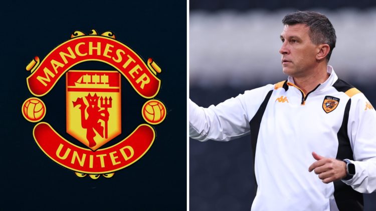 A detailed view of the Manchester United badge, Sergej Jakirovic the head coach / manager of Hull City gives a thumbs up to supporters