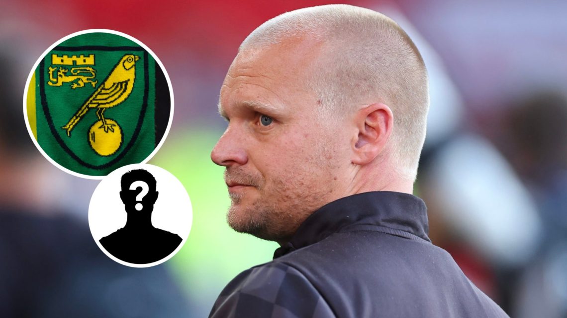 Norwich City manager Liam Manning. Inset, Norwich City badge and mystery player graphic.