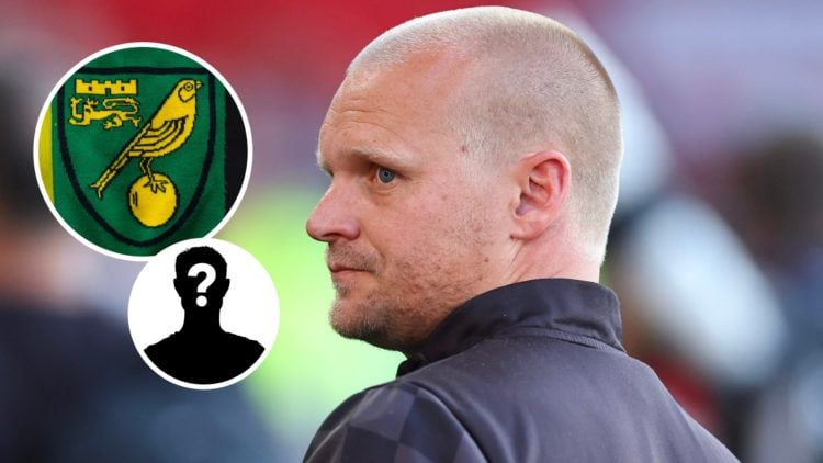 Norwich City manager Liam Manning. Inset, Norwich City badge and mystery player graphic.