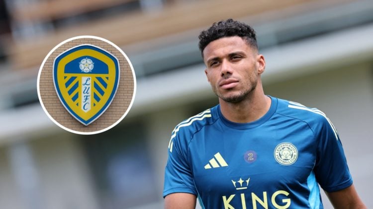 James Justin arrives for pre-season training with Leicester City, an inset of the Leeds United club badge