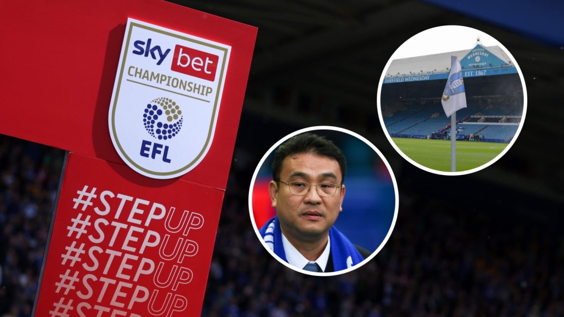 English Football League logo before a Championship game. Inset, Sheffield Wednesday FC owner Dejphon Chansiri and the Sheffield Wednesday FC badge ...