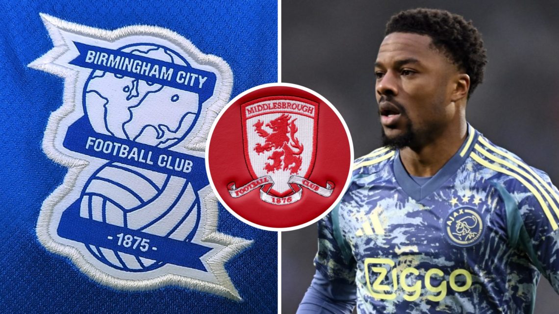 Birmingham City FC badge and Chuba Akpom in action for Ajax. Inset, the Middlesbrough FC badge