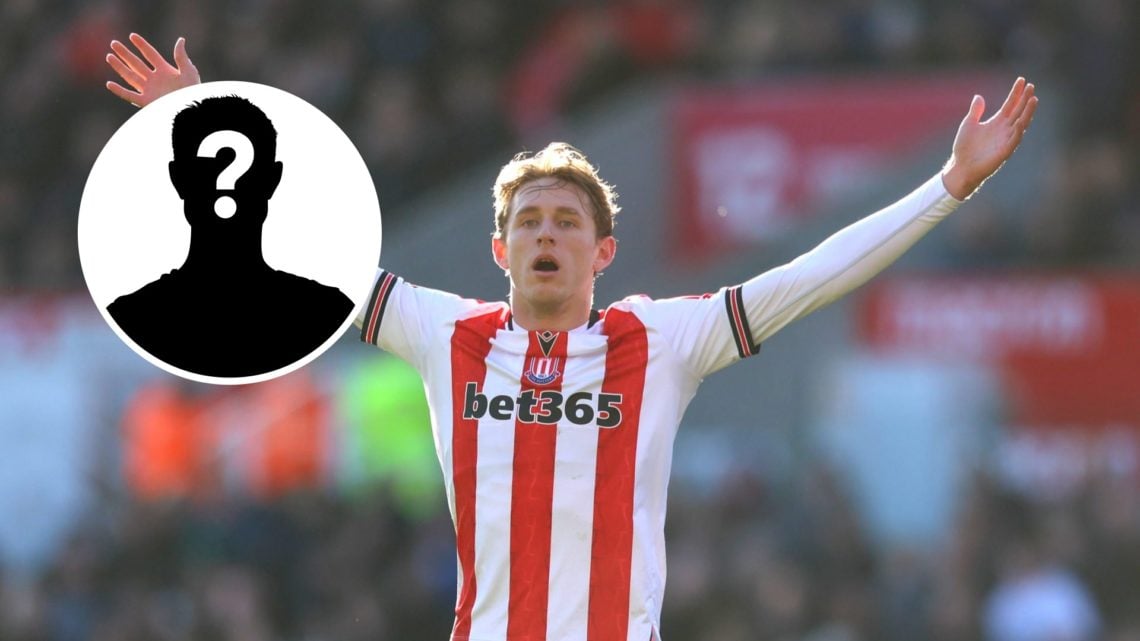 Wouter Burger protests a decision that goes against Stoke City, an inset of a mystery man