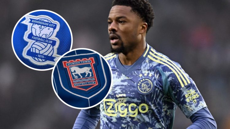 Chuba Akpom reacts during game for Ajax. Inset, the Ipswich Town FC badge and the Birmingham City FC badge