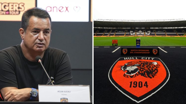 English football club Hull City's chair Acun Ilicali speaks during a press conference, the Hull City badge on the MKM stadium floor before match day