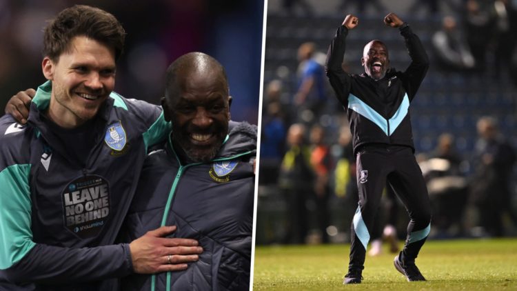 Sheffield Wednesday FC manager Danny Rohl hugs Chris Powell after a Championship game, and Chris Powell celebrating.