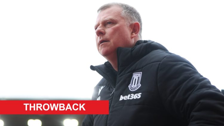 Mark Robins, Manager of Stoke City during the Sky Bet Championship match between Stoke City FC and Queens Park Rangers FC. Overlaid, Throwback banner