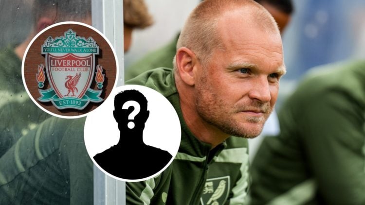 Norwich City FC manager Liam Manning before a pre-season game. Inset, the Liverpool FC badge and a mystery player