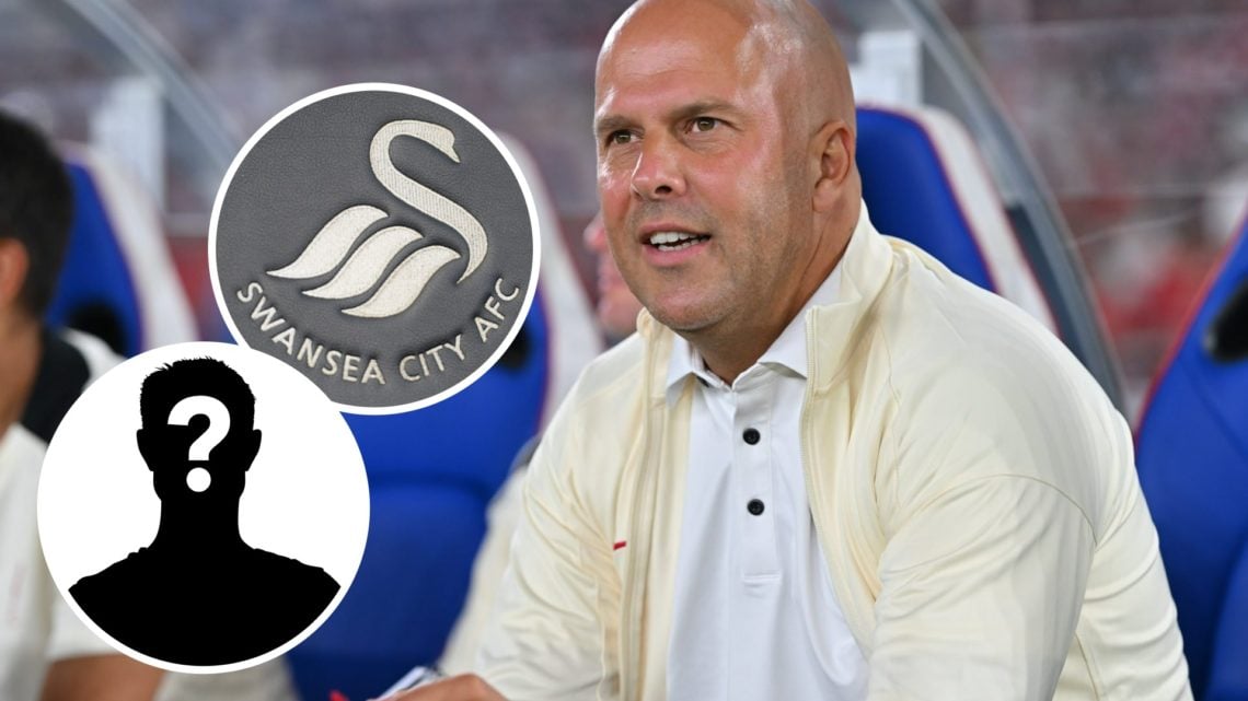 Manager Arne Slot of Liverpool FC looks on prior to the MEIJI YASUDA J.LEAGUE World Challenge 2025. Inset, Swansea City badge. Inset, Mystery Player