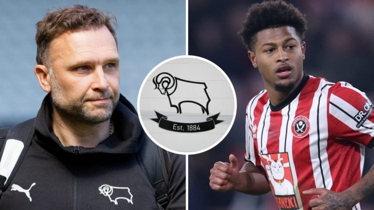 Derby County FC manager John Eustace before a Championship game, and Rhian Brewster in action for Sheffield United FC. Inset, the Derby County FC b...