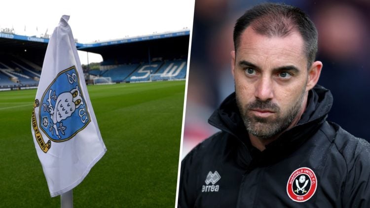 Sheffield Wednesday FC badge on a corner flag at Hillsborough Stadium, and Sheffield United FC manager Ruben Selles watches a pre-season friendly g...