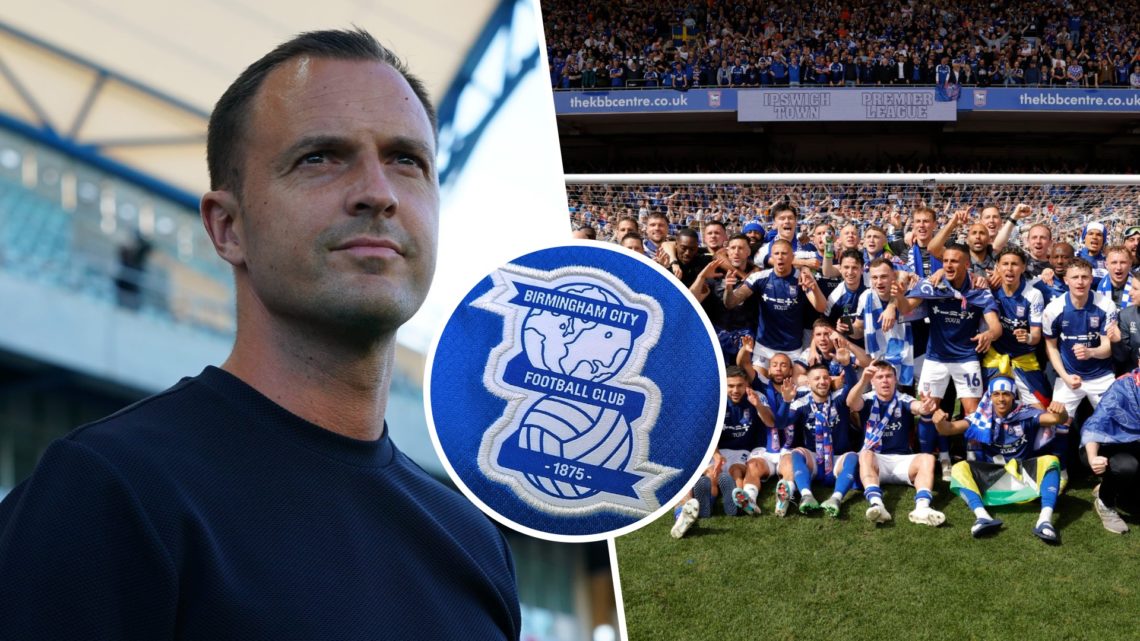 Chris Davies before Birmingham City's pre-season friendly against Sevilla, a detailed view of the Birmingham badge, Ipswich Town celebrate promotio...