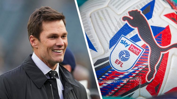 Birmingham City co-owner Tom Brady before Pittsburgh Steelers vs Philadelphia Eagles. A detailed view of the EFL logo on a football before a Champi...