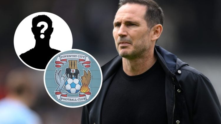 Coventry City FC head coach Frank Lampard reacts after a Championship game against Luton Town FC. Inset, the Coventry City FC badge and a mystery p...