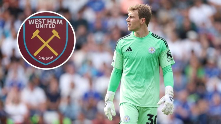 Mads Hermansen in action for Leicester City during their pre-season friendly vs Fiorentina, inset of the West Ham United badge
