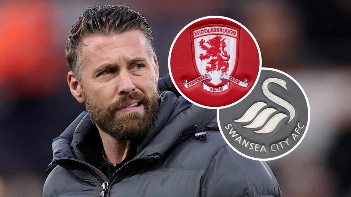 Middlesbrough FC manager Rob Edwards. Inset, the Middlesbrough FC badge and the Swansea City FC badge.