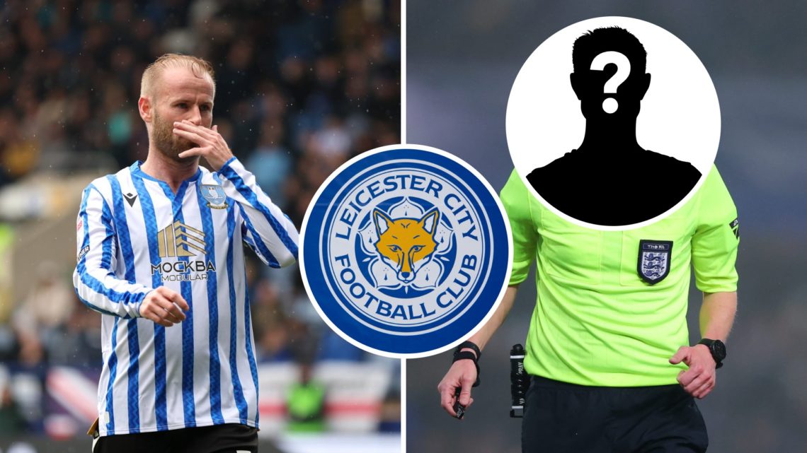 Barry Bannan of Sheffield Wednesday looks dejected after a fixture, an inset of the Leicester City badge, Matt Donohue takes charge of a fixture, a...