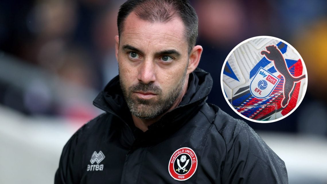 Ruben Selles, Manager of Sheffield United, looks on. Inset, EFL logo on a football