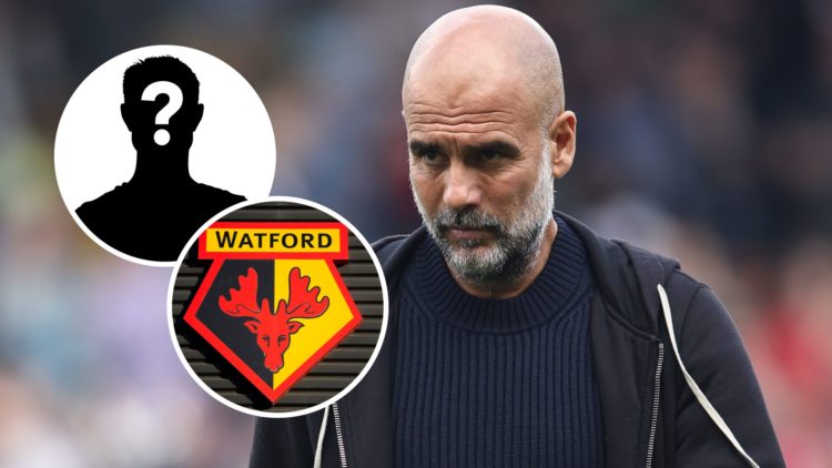 Manchester City FC manager Pep Guardiola reacts after a Premier League game. Inset, the Watford FC badge and a mystery player.