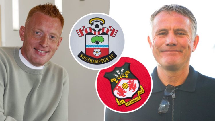 Southampton FC head coach Will Still, and Wrexham AFC manager Phil Parkinson. Inset, the Southampton FC badge and the Wrexham AFC badge.
