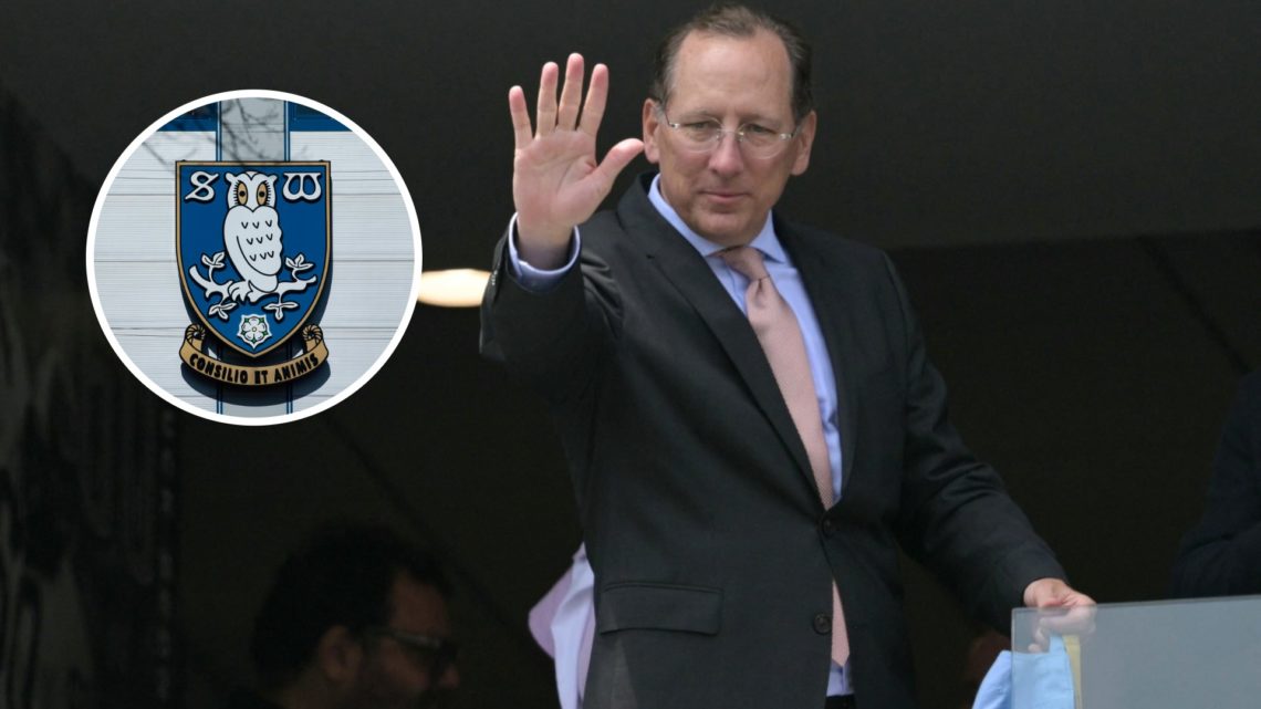 US businessman and owner of Botafogo John Textor at the Club World Cup, an inset of the Sheffield Wednesday badge