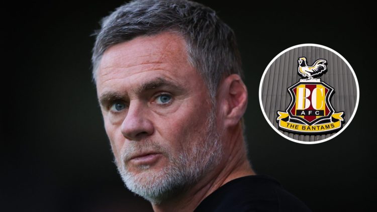 Bradford City manager Graham Alexander with club badge inset.