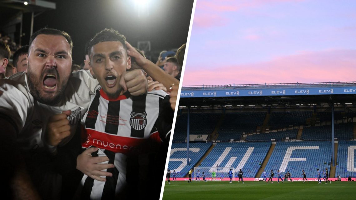 Jaze Kabia of Grimsby Town celebrates victory with fans (left), Empty seats due to a protest against Sheffield Wednesday's Thai owner Dejphon Chansiri