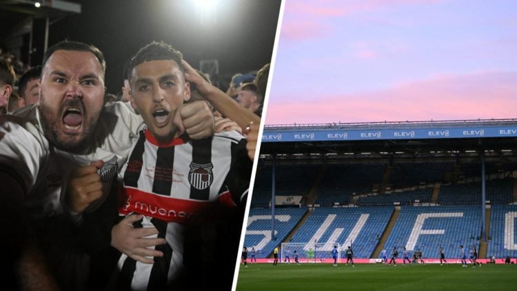 Jaze Kabia of Grimsby Town celebrates victory with fans (left), Empty seats due to a protest against Sheffield Wednesday's Thai owner Dejphon Chansiri