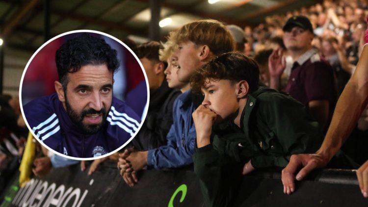 Grimsby Town fans watch penalty shootout vs Manchester United. Inset, Ruben Amorim.