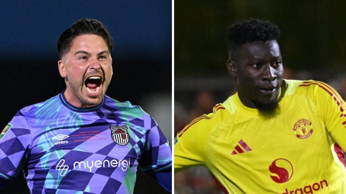 Grimsby's Christy Pym (left) and Manchester United's Andre Onana (right)