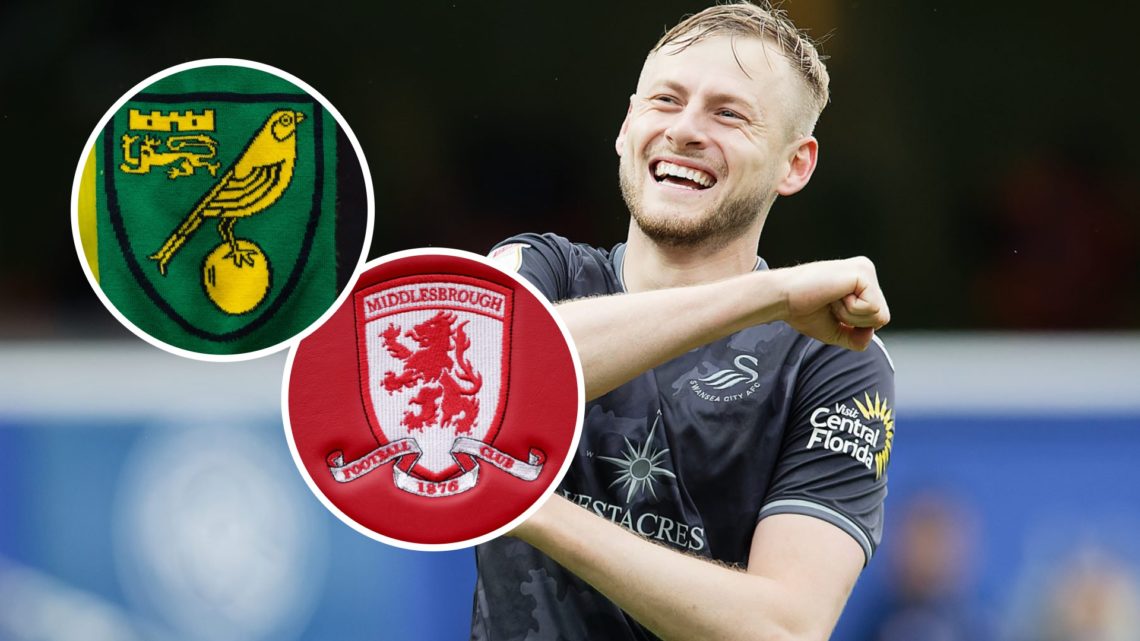 Harry Darling celebrates during time at Swansea City FC. Overlaid, the Norwich City FC badge and the Middlesbrough FC badge.