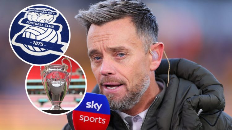 Lee Hendrie working as a pundit for Wolves vs Aston Villa, an inset of the Birmingham City badge, an inset of the Champions League badge