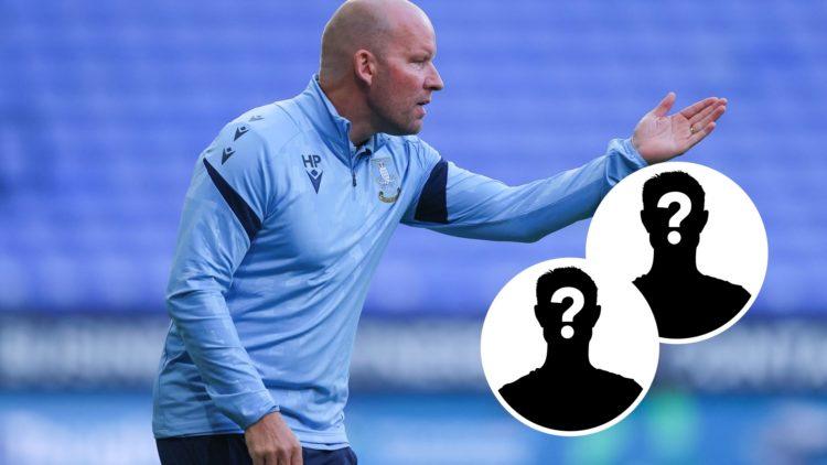 Sheffield Wednesday manager Henrik Pedersen with two mystery player graphics inset.